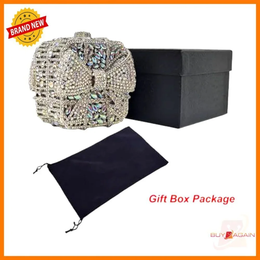 Mini Crystal Bowknot Evening Clutch with Detachable Chain, Faux Leather